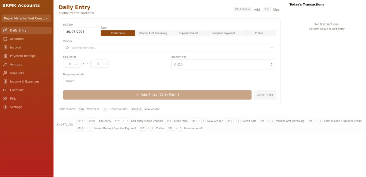 Daily entry window showing sale and purchase entries from the day's paper notes