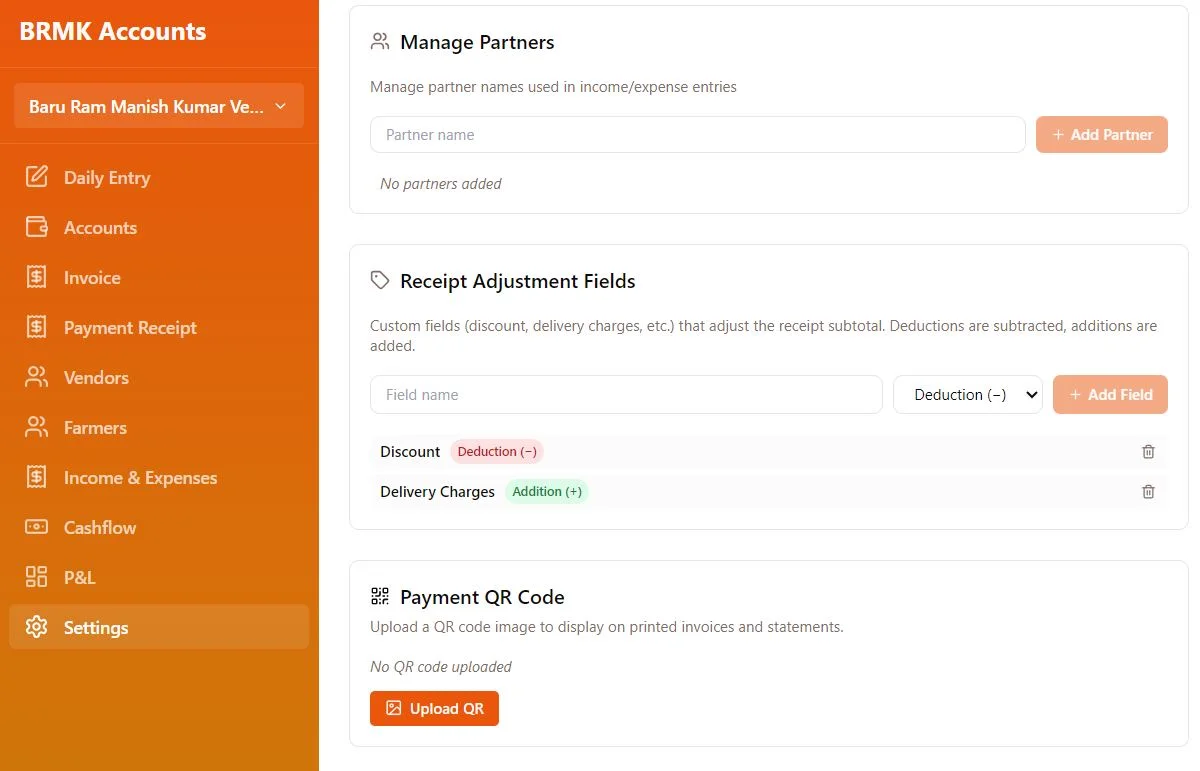 Settings screen where the user adds their own QR code to appear on invoices